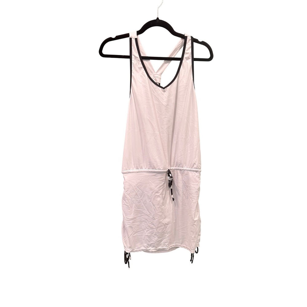 Athletic White Racerback Mini Dress with Black Trim and Side Ruching